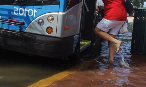一名女子在佛罗里达州迈阿密被洪水淹没的街道上登上公交车